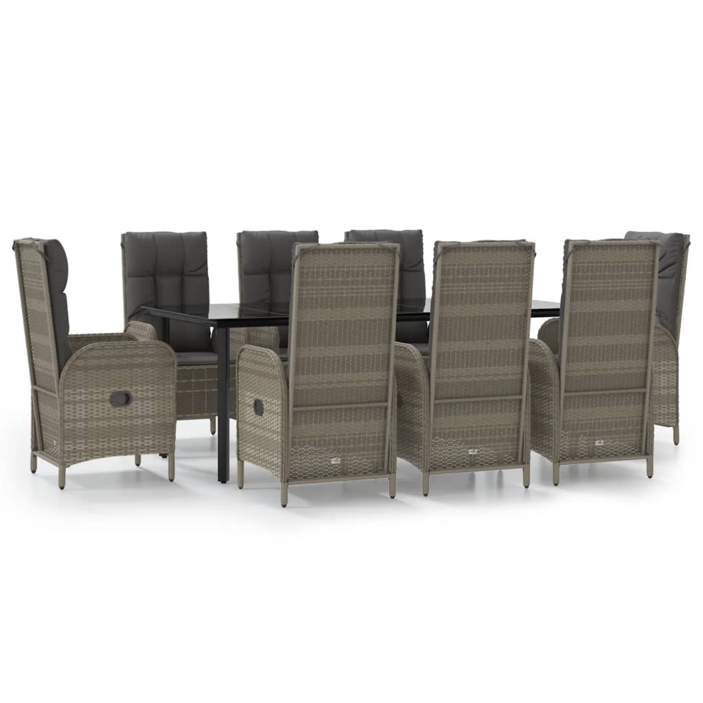 9-tlg. Garten-Essgruppe mit Kissen Schwarz und Grau Poly Rattan