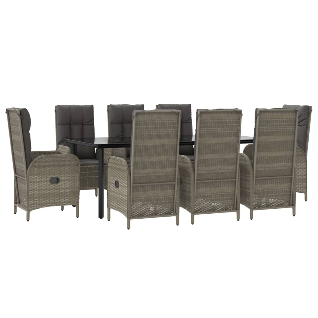 9-tlg. Garten-Essgruppe mit Kissen Schwarz und Grau Poly Rattan