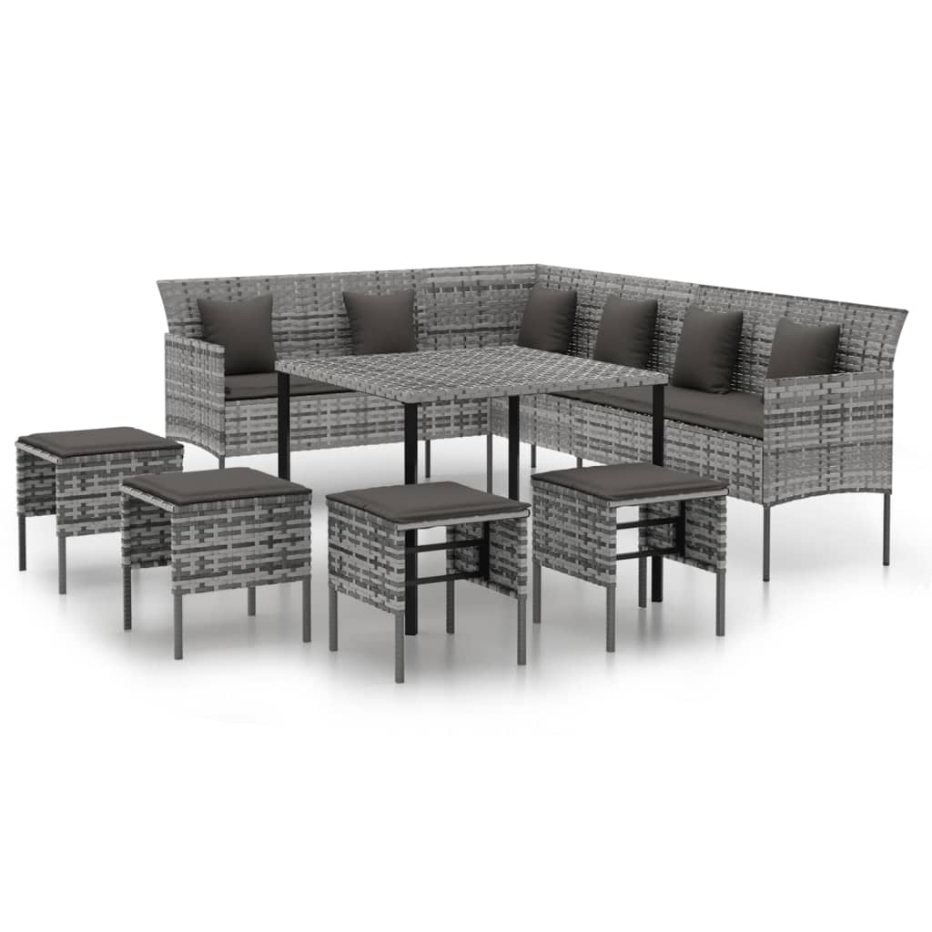 6-tlg. Garten-Essgruppe mit Kissen Grau Poly Rattan