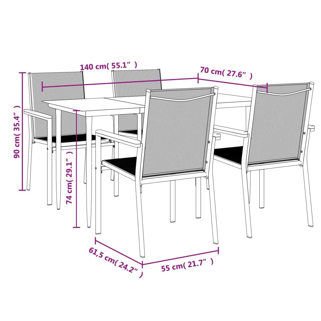 5-tlg. Garten-Essgruppe Schwarz Textilene und Stahl