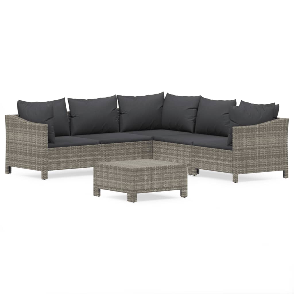 6-tlg. Garten-Lounge-Set mit Kissen Grau Poly Rattan