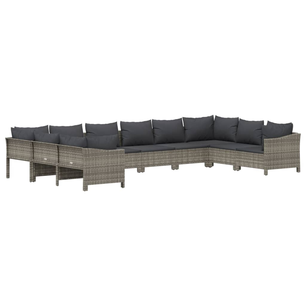 10-tlg. Garten-Lounge-Set mit Kissen Grau Poly Rattan