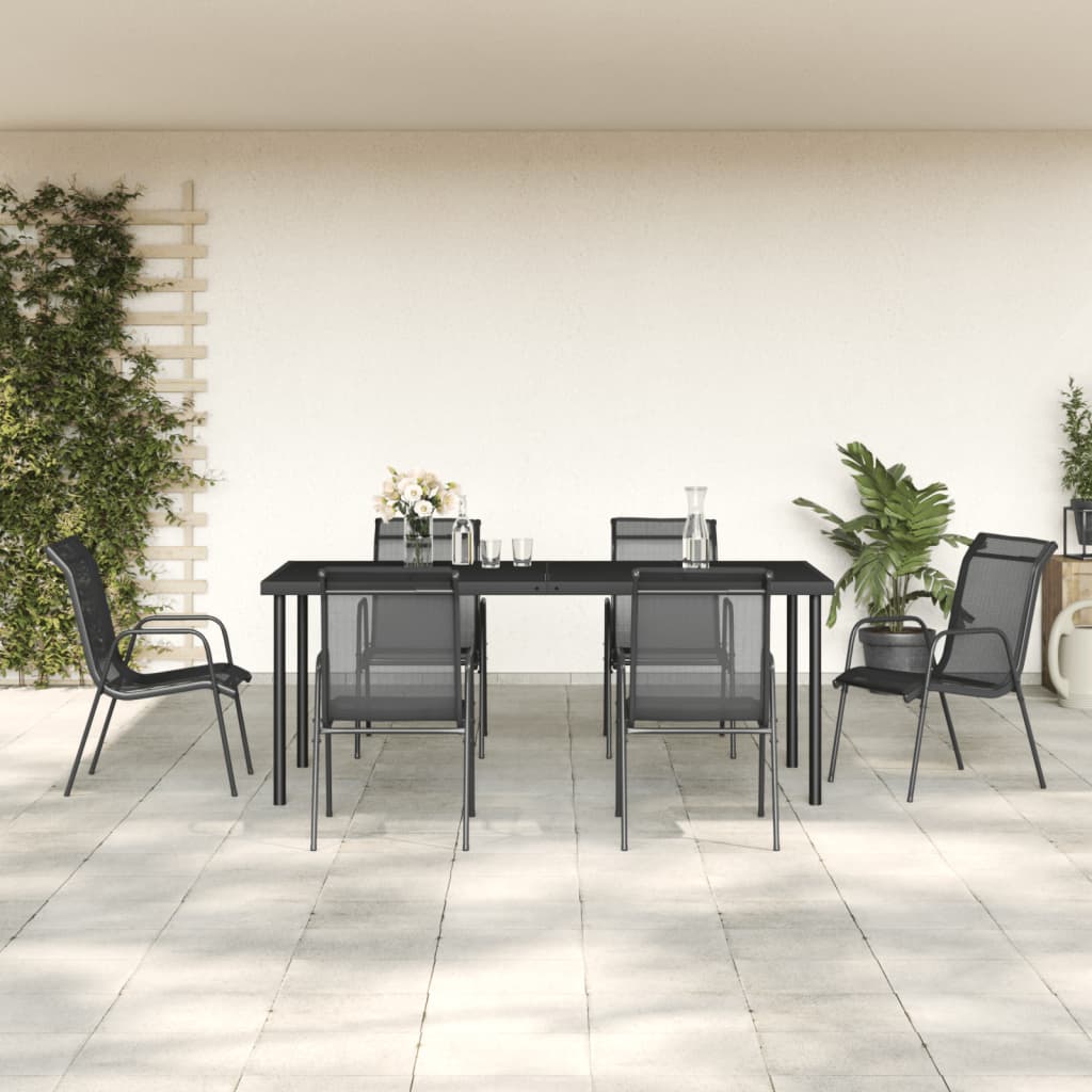 7-tlg. Garten-Essgruppe Schwarz Stahl und Textilene