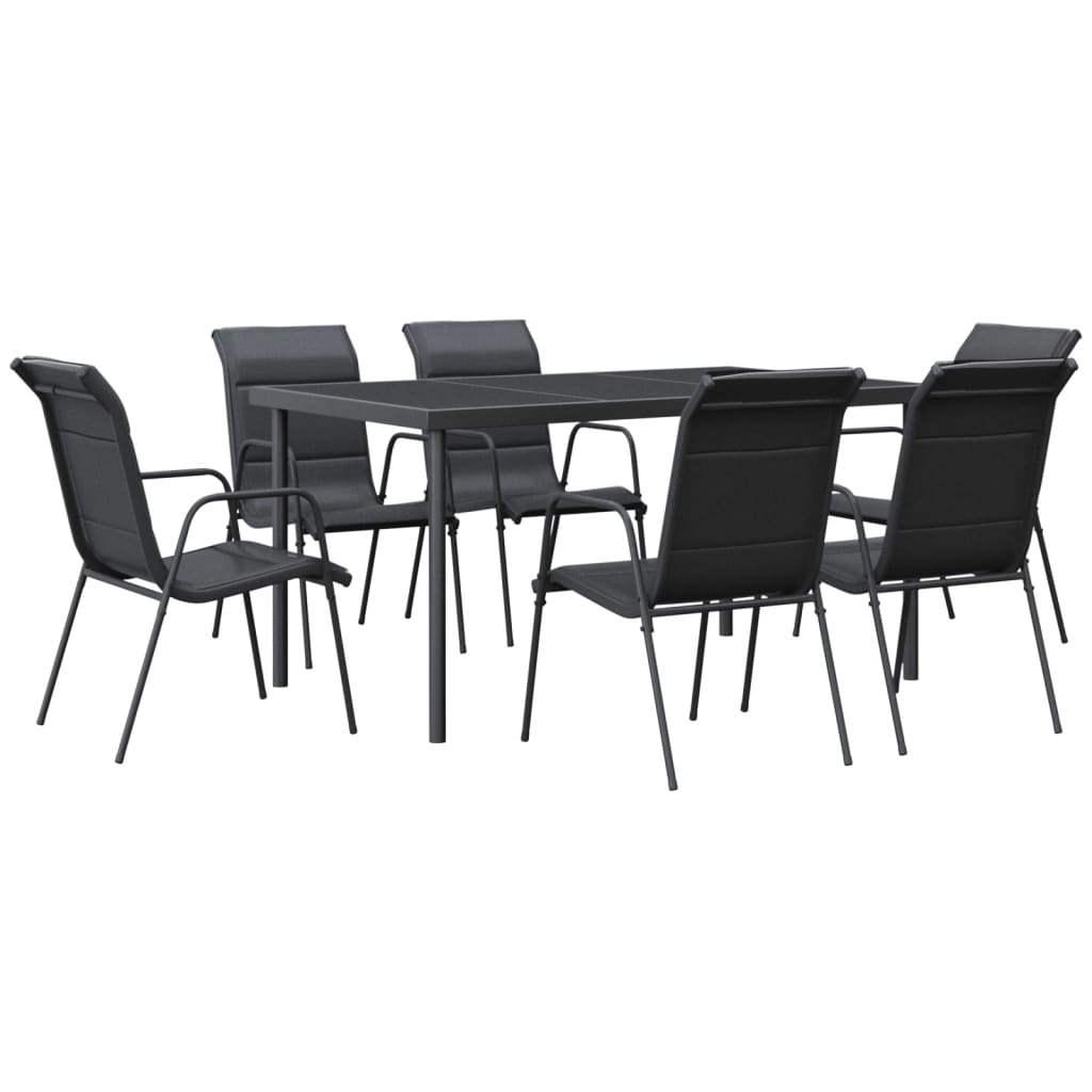 7-tlg. Garten-Essgruppe Schwarz Stahl und Textilene