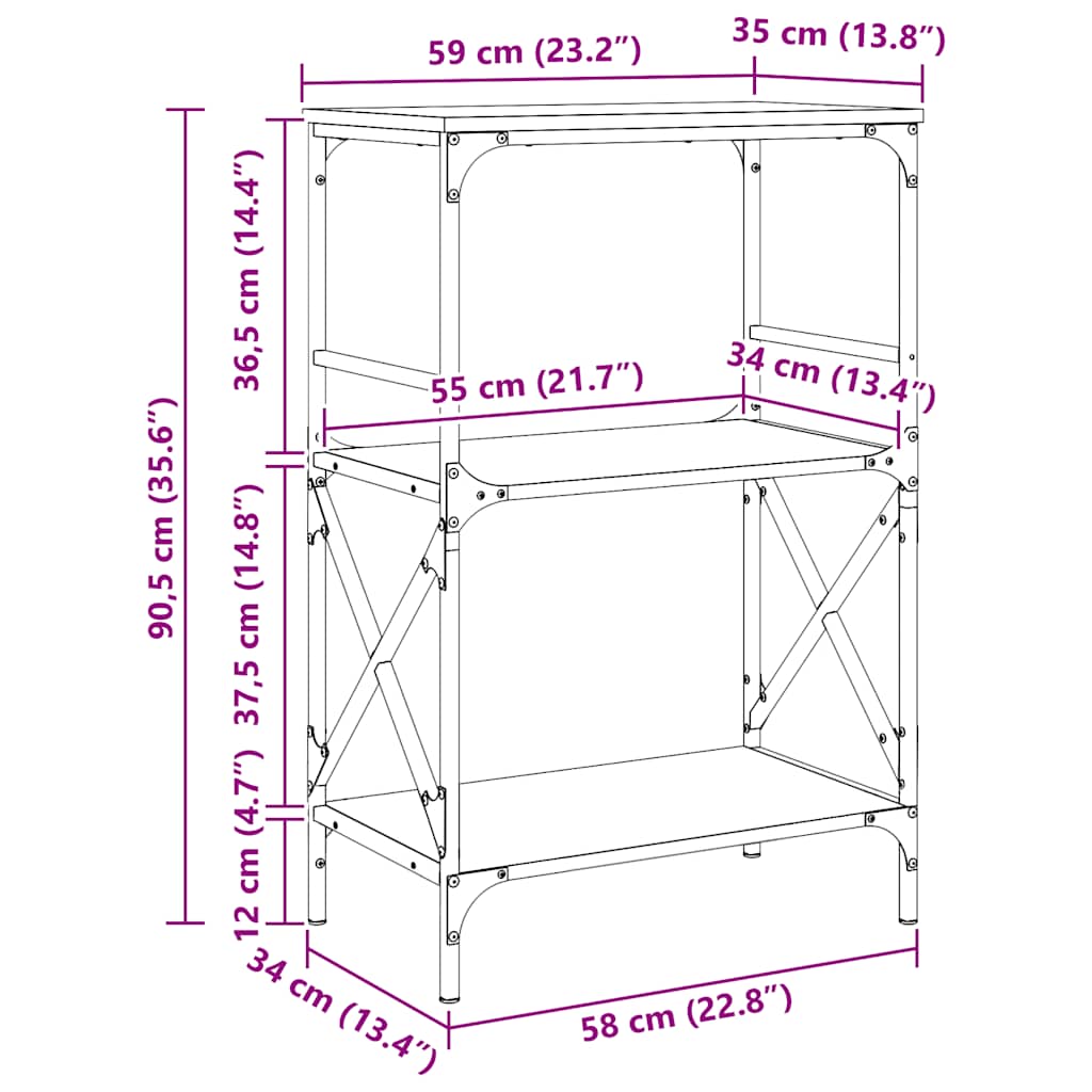 Bücherregal 3 Böden Braun Eiche 59x35x90,5 cm Holzwerkstoff