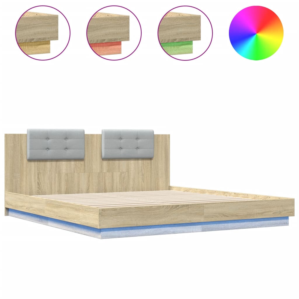 Bettgestell mit Kopfteil & LED-Leuchten Sonoma-Eiche 200x200 cm