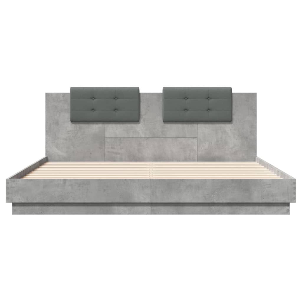 Bettgestell mit Kopfteil und LED-Leuchten Betongrau 200x200 cm