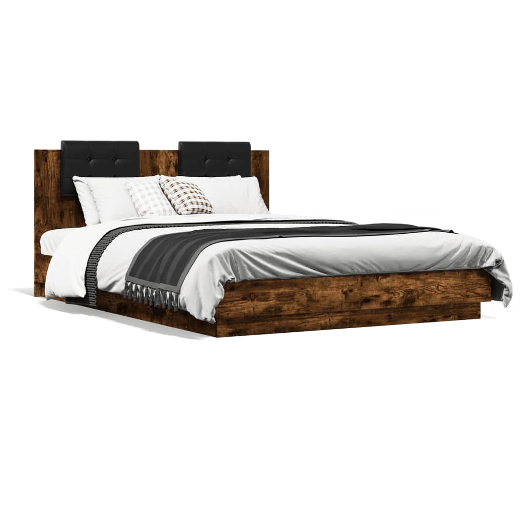 Bettgestell mit Kopfteil & LED-Leuchten Räuchereiche 120x200 cm
