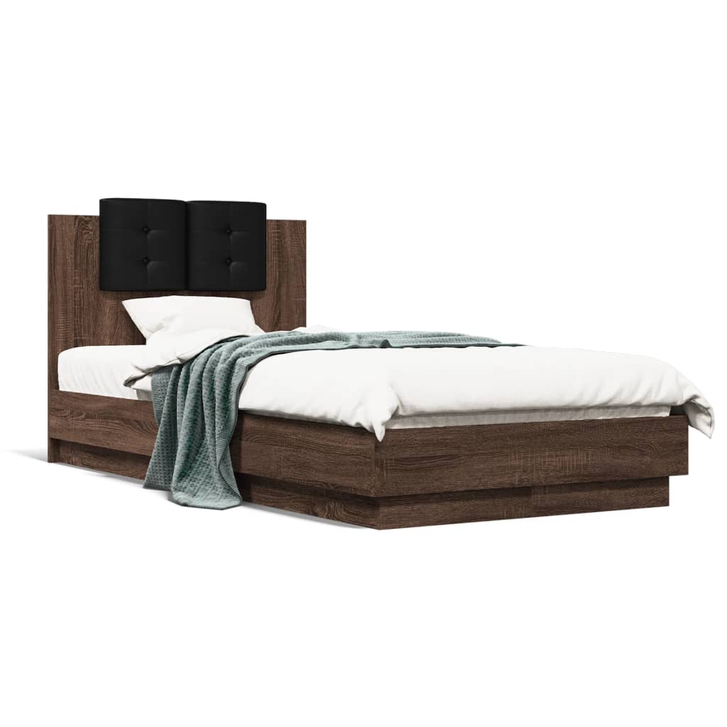 Bettgestell mit Kopfteil und LED-Leuchten Braun Eiche 75x190 cm