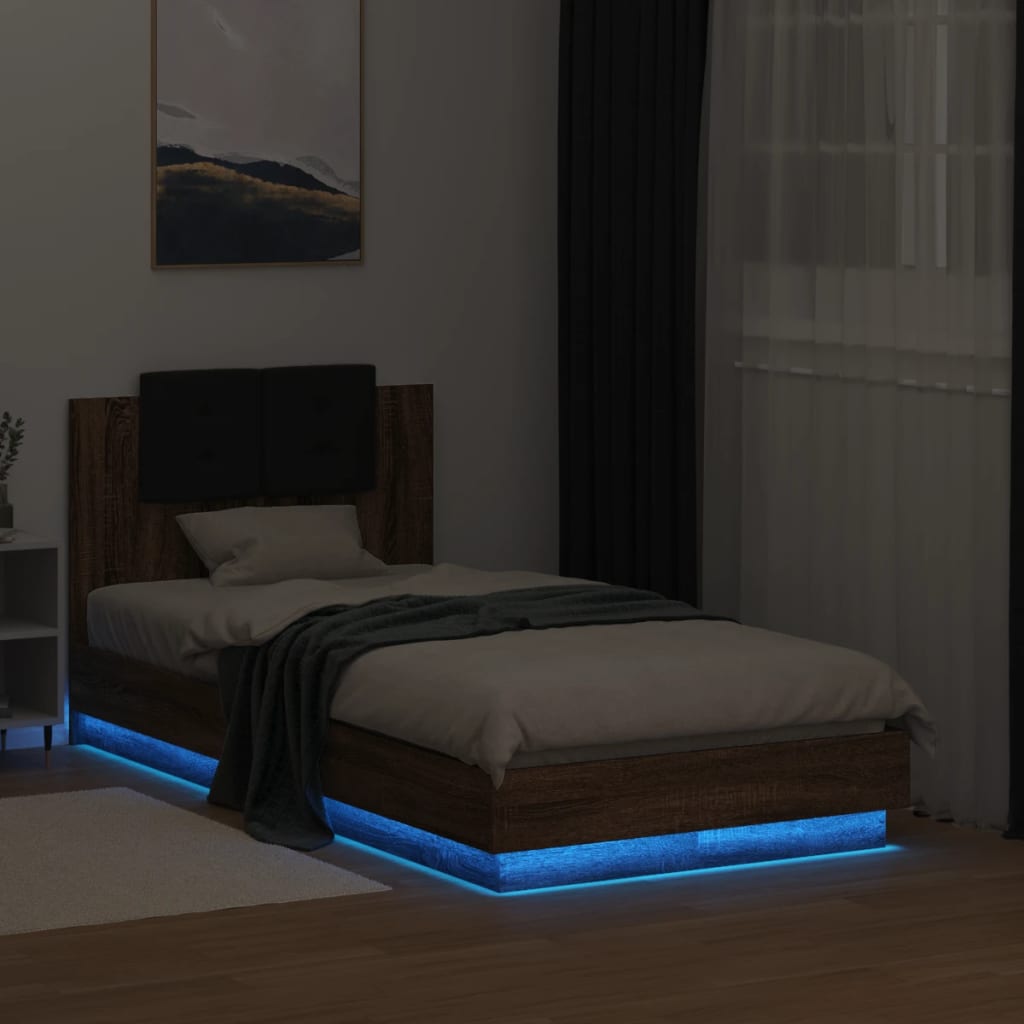 Bettgestell mit Kopfteil und LED-Leuchten Braun Eiche 75x190 cm