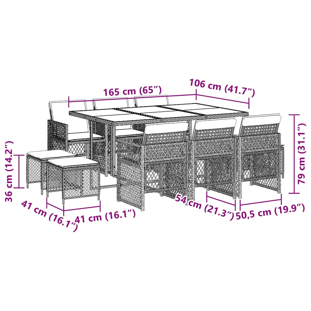 11-tlg. Garten-Essgruppe mit Kissen Grau Poly Rattan