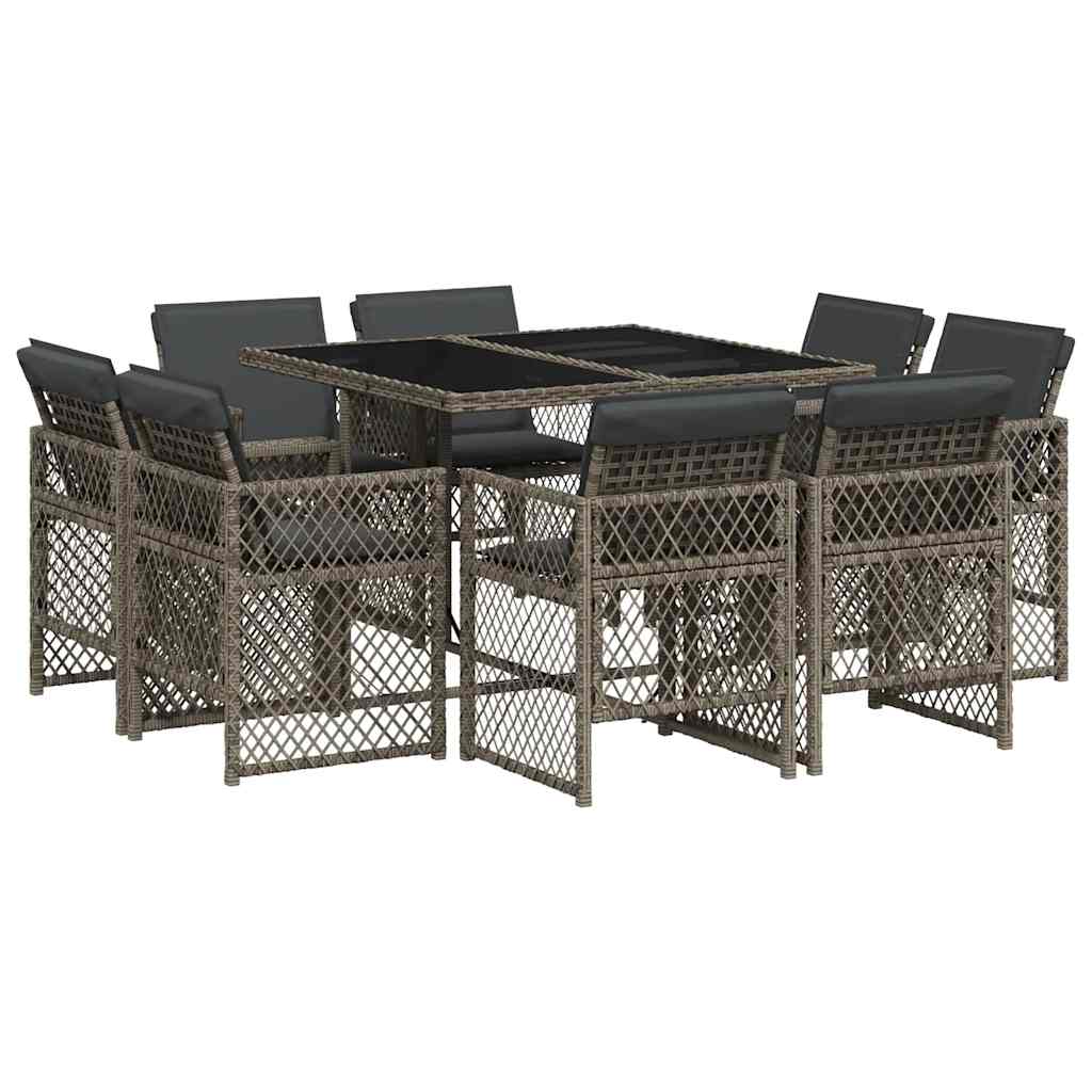 9-tlg. Garten-Essgruppe mit Kissen Grau Poly Rattan