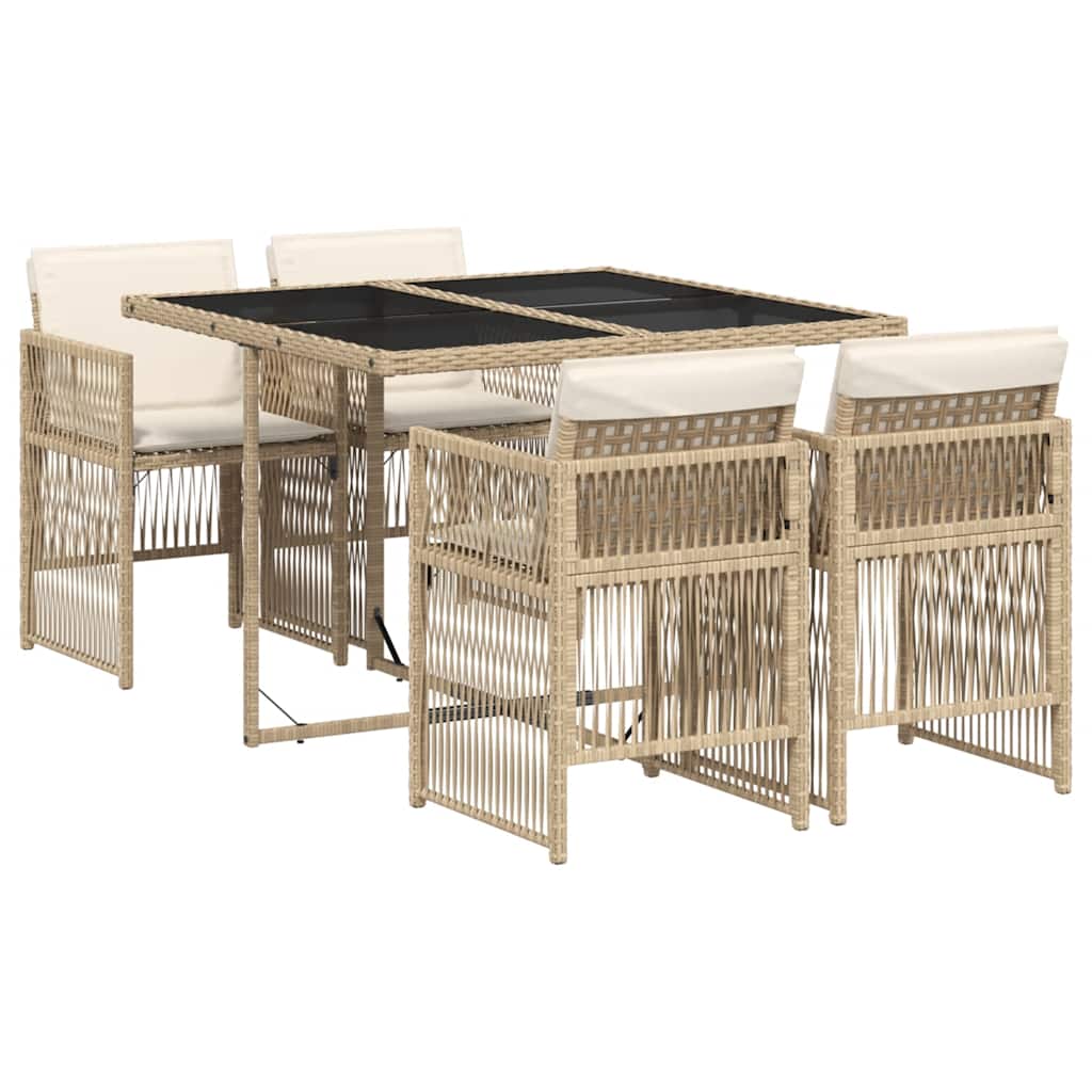 5-tlg. Garten-Essgruppe mit Kissen Beige Poly Rattan