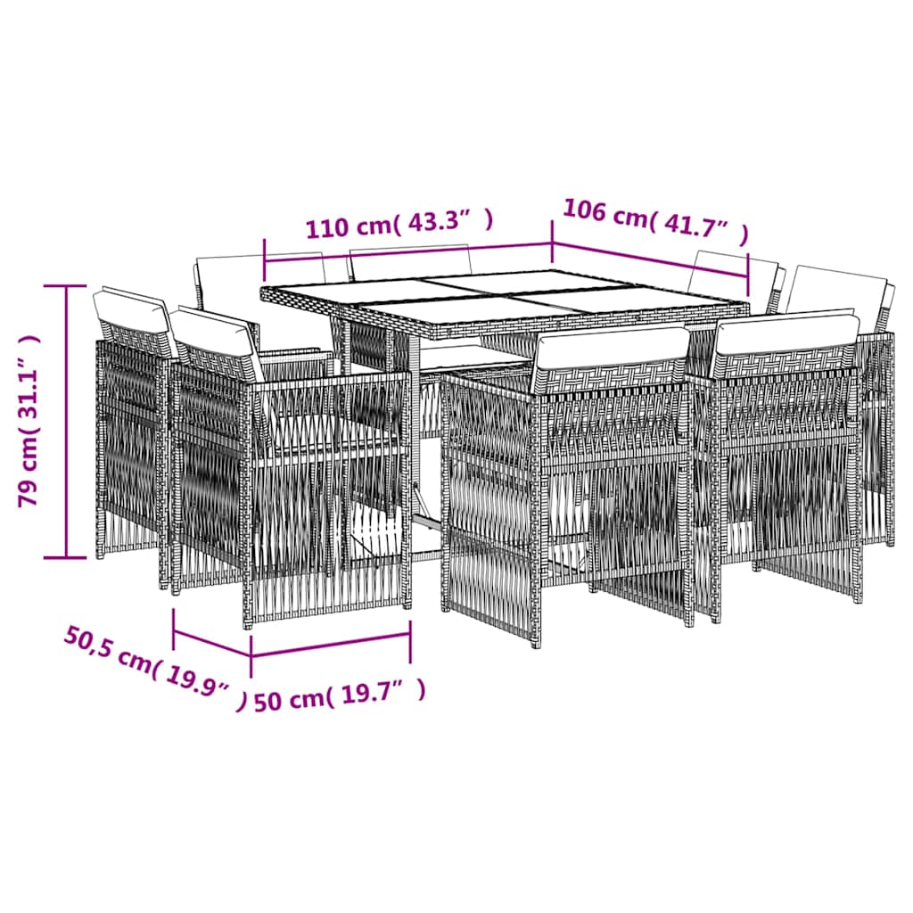 9-tlg. Garten-Essgruppe mit Kissen Grau Poly Rattan