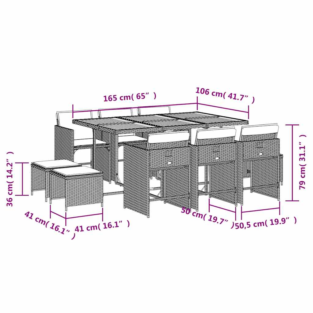 11-tlg. Garten-Essgruppe mit Kissen Grau Poly Rattan