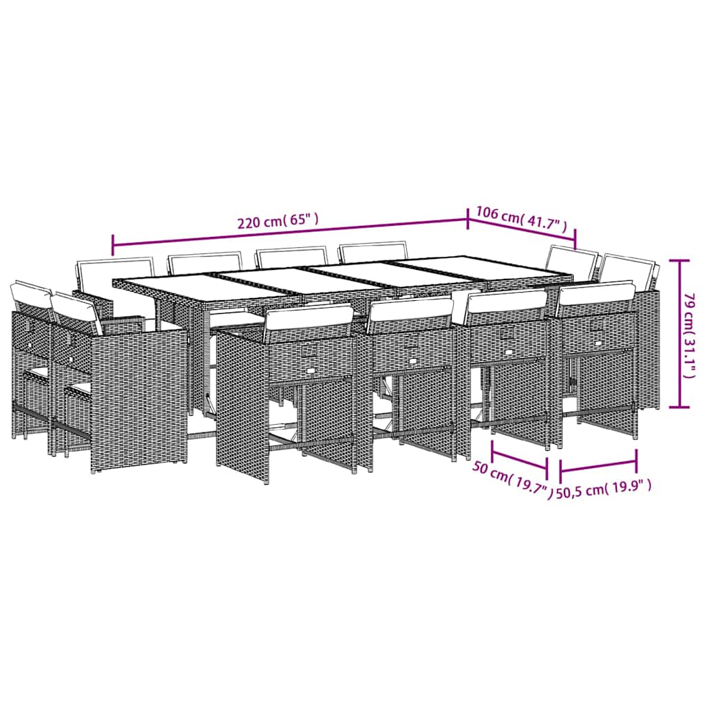 13-tlg. Garten-Essgruppe mit Kissen Grau Poly Rattan
