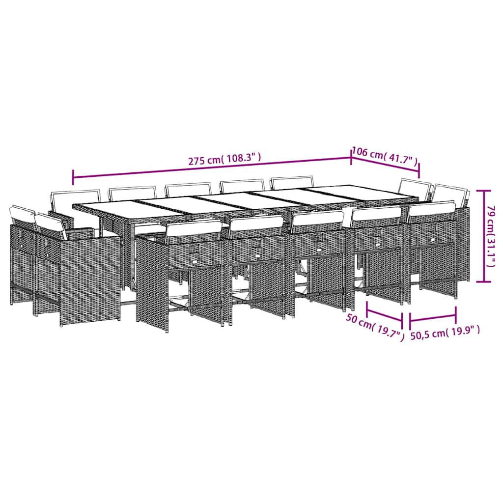 15-tlg. Garten-Essgruppe mit Kissen Grau Poly Rattan