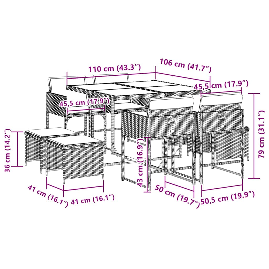 9-tlg. Garten-Essgruppe mit Kissen Grau Poly Rattan