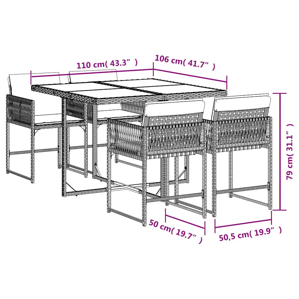 5-tlg. Garten-Essgruppe mit Kissen Hellgrau Poly Rattan
