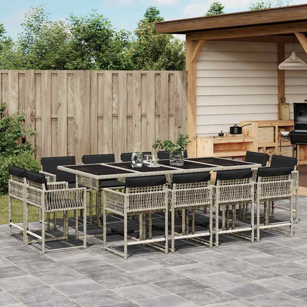 13-tlg. Garten-Essgruppe mit Kissen Hellgrau Poly Rattan