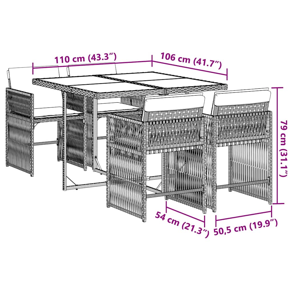 5-tlg. Garten-Essgruppe mit Kissen Grau Poly Rattan