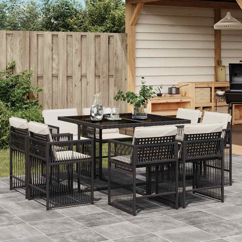 9-tlg. Garten-Essgruppe mit Kissen Schwarz Poly Rattan