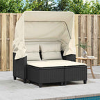 Gartensofa 2-Sitzer mit Dach und Hockern Schwarz Poly Rattan