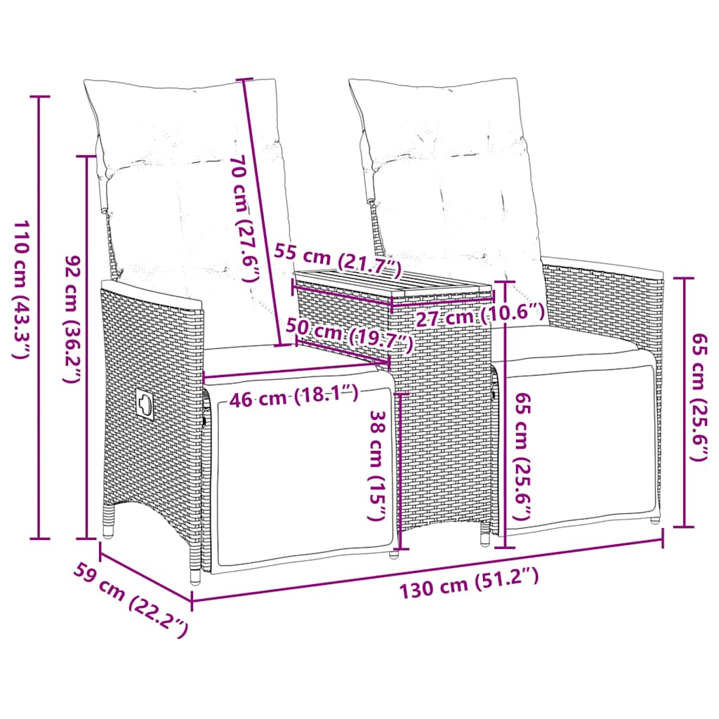 Gartensofa Verstellbar 2-Sitzer mit Tisch Grau Poly Rattan