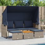 Gartensofa 3-Sitzer mit Baldachin und Hockern Grau Poly Rattan