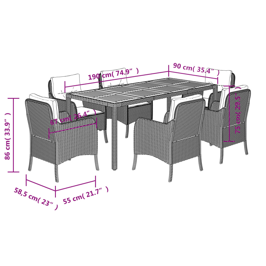 7-tlg. Garten-Essgruppe mit Kissen Schwarz Poly Rattan