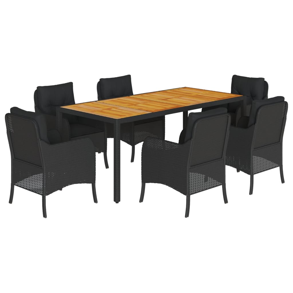 7-tlg. Garten-Essgruppe mit Kissen Schwarz Poly Rattan