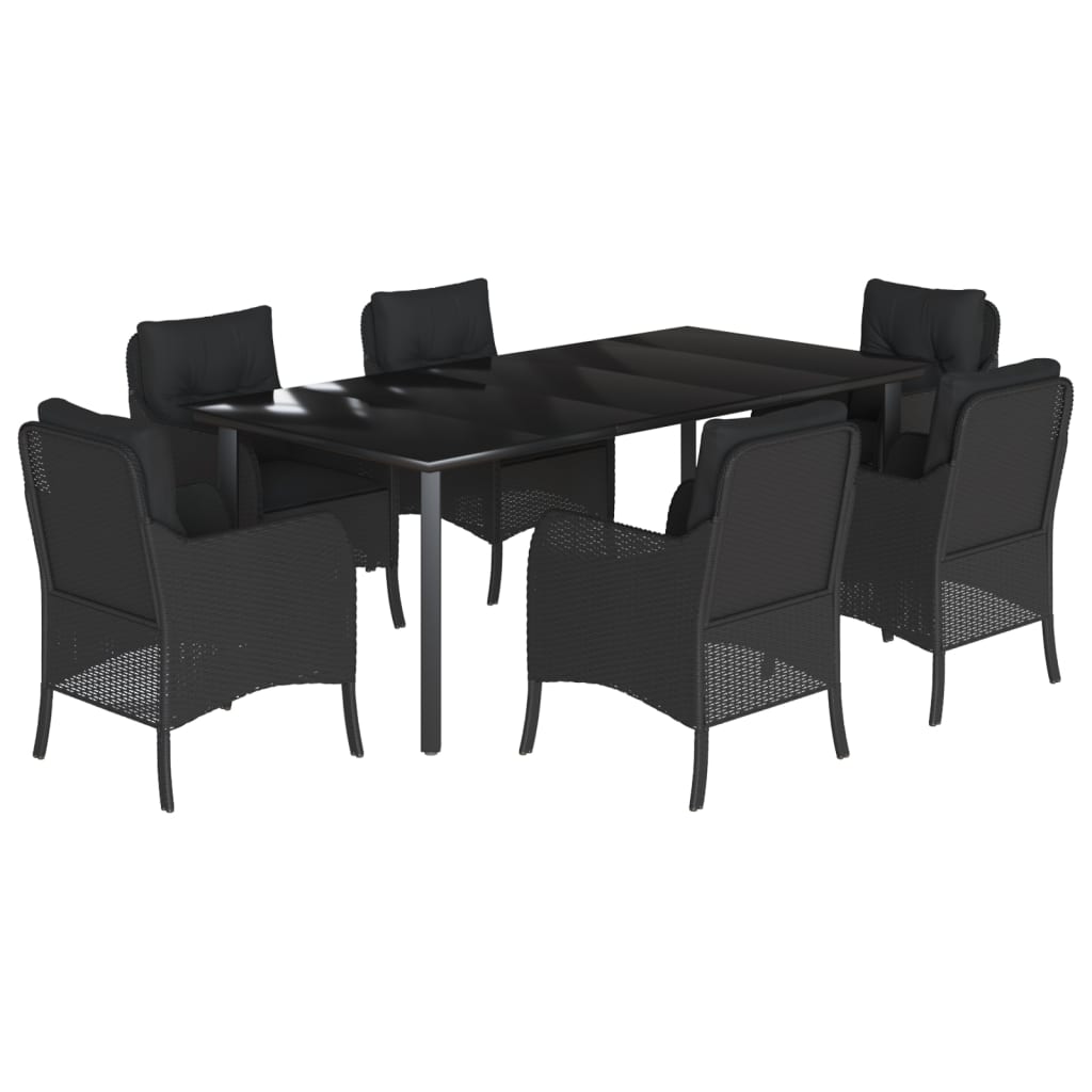 7-tlg. Garten-Essgruppe mit Kissen Schwarz Poly Rattan