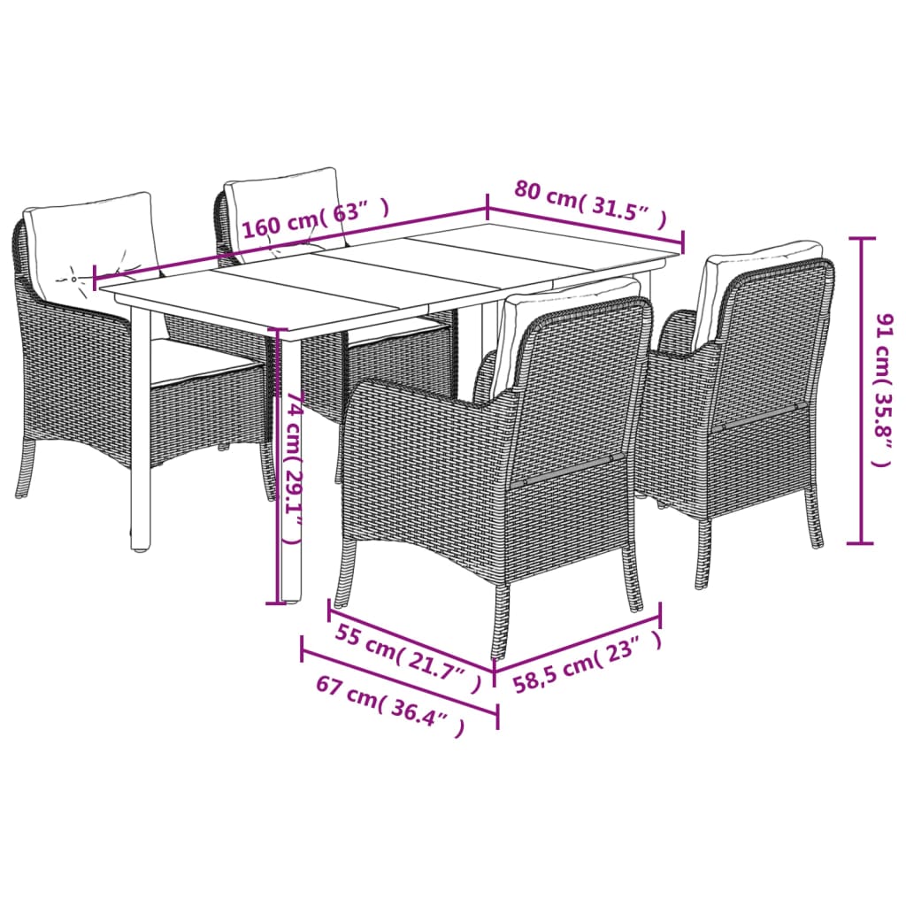 5-tlg. Garten-Essgruppe mit Kissen Braun Poly Rattan