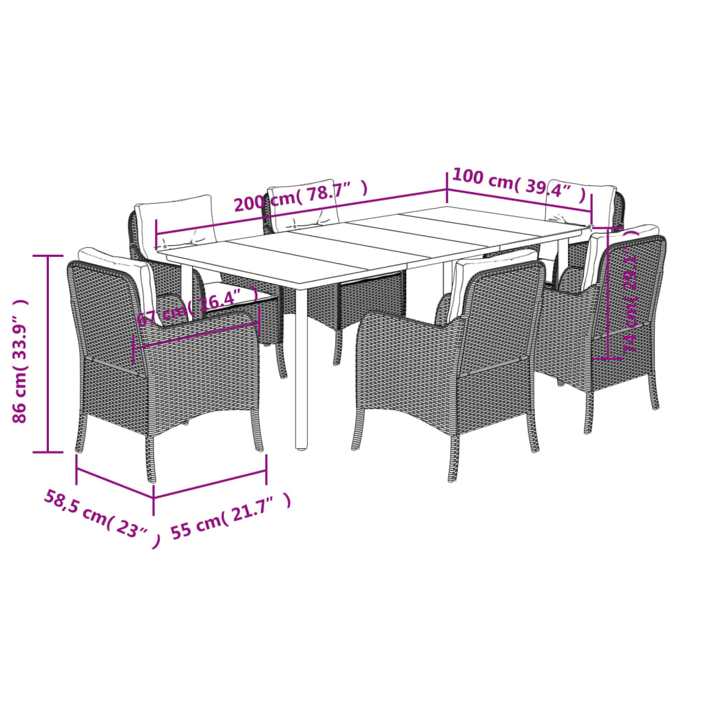 7-tlg. Garten-Essgruppe mit Kissen Braun Poly Rattan