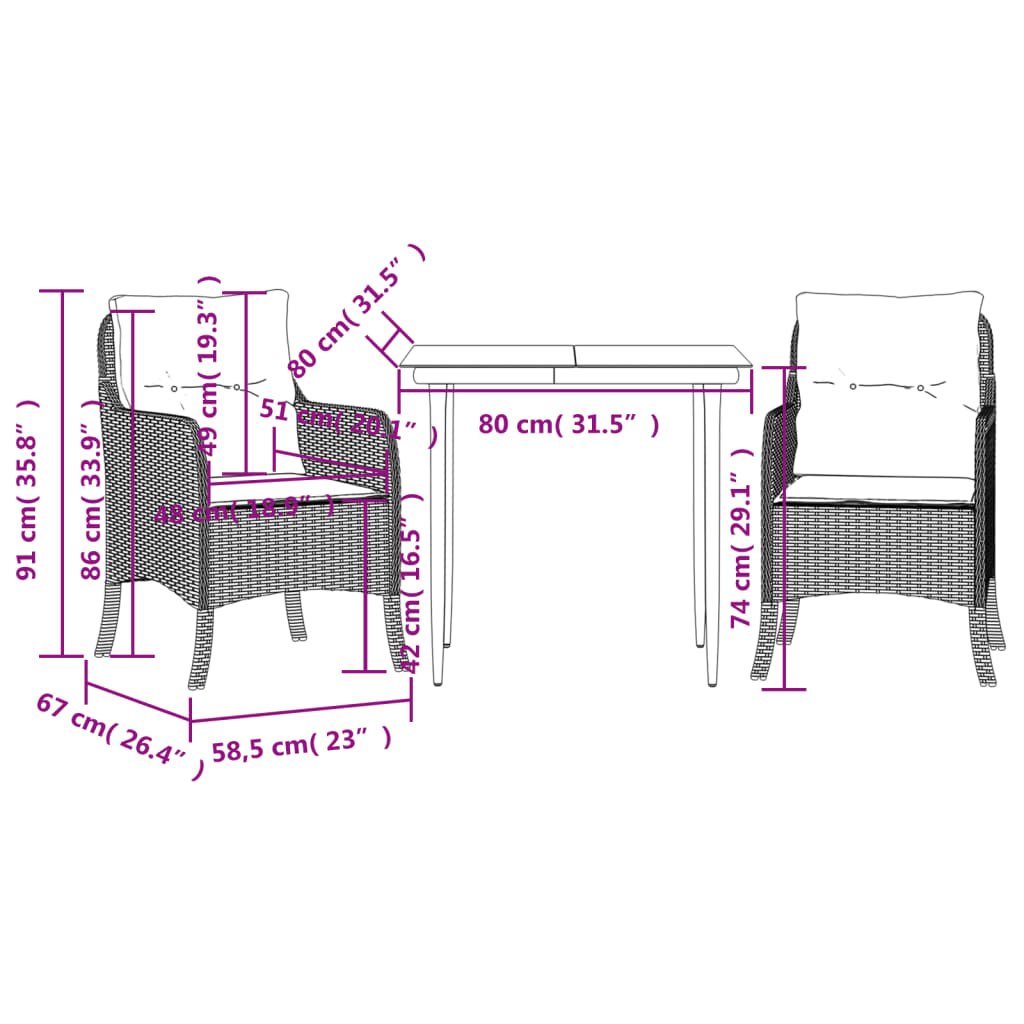 3-tlg. Garten-Essgruppe mit Kissen Hellgrau Poly Rattan