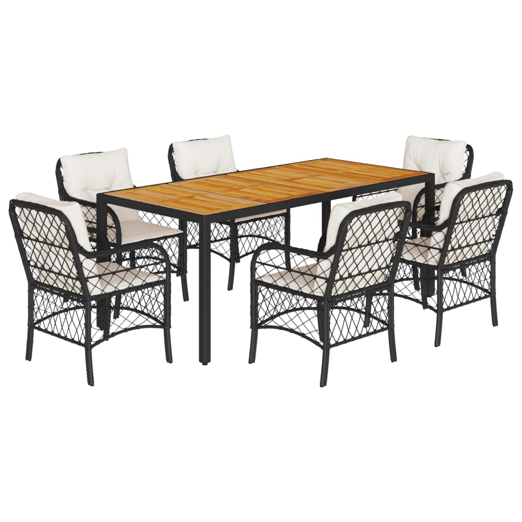 7-tlg. Garten-Essgruppe mit Kissen Schwarz Poly Rattan