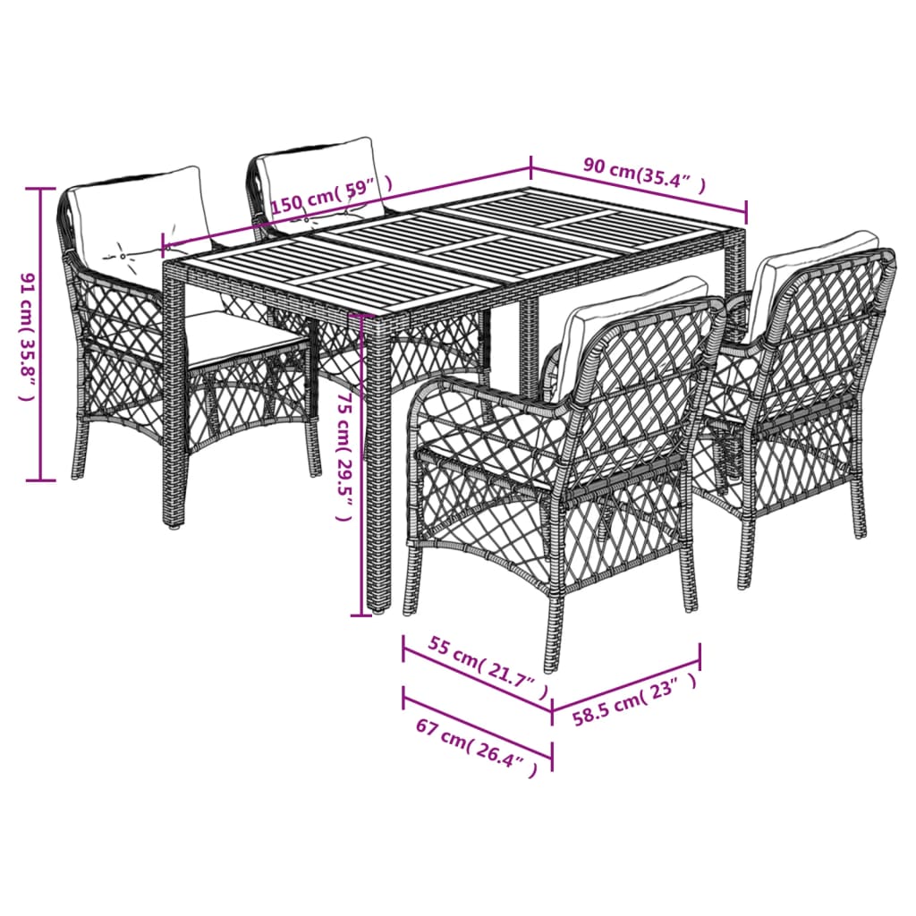 5-tlg. Garten-Essgruppe mit Kissen Grau Poly Rattan