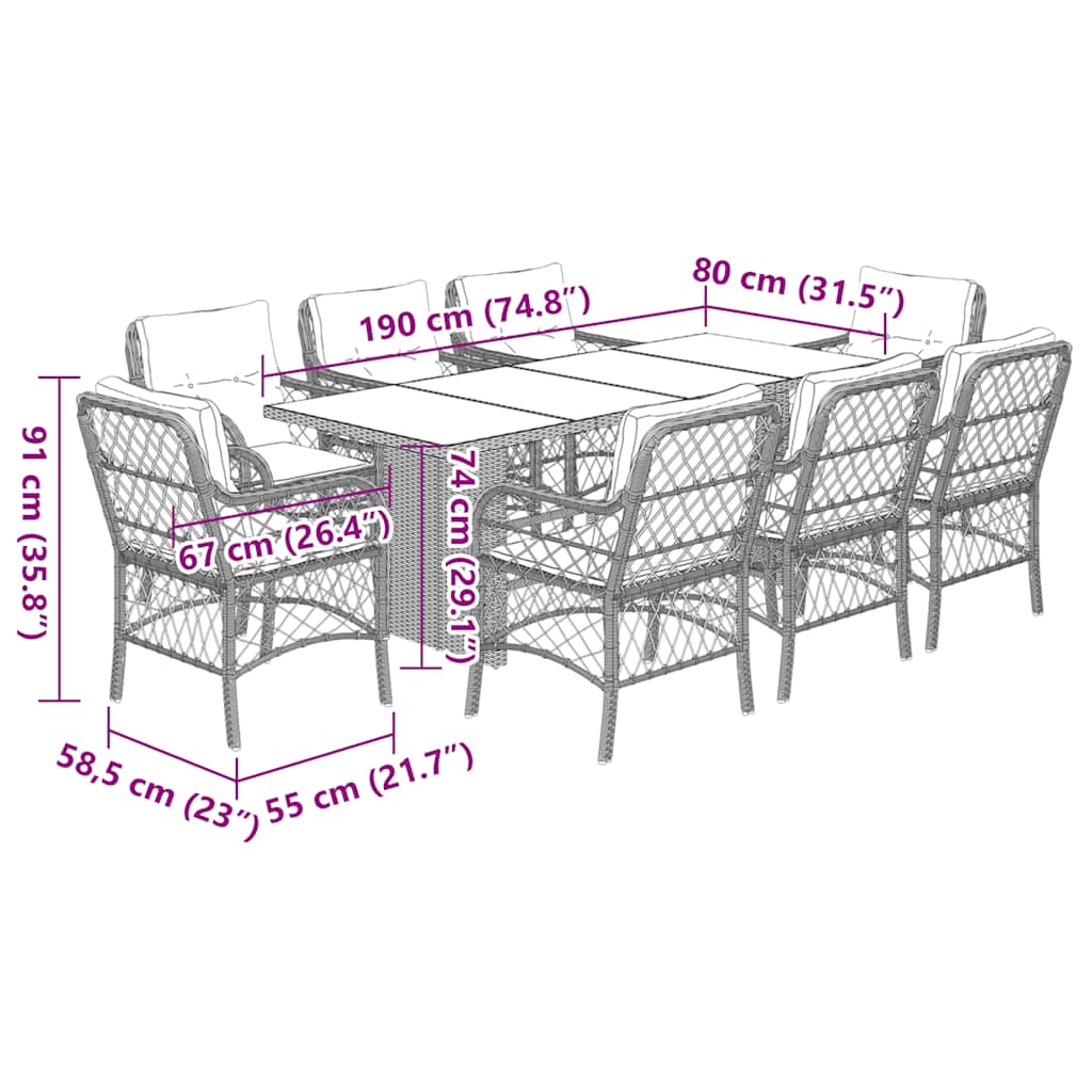 9-tlg. Garten-Essgruppe mit Kissen Schwarz Poly Rattan