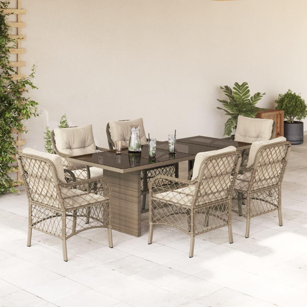 7-tlg. Garten-Essgruppe mit Kissen Beige Poly Rattan
