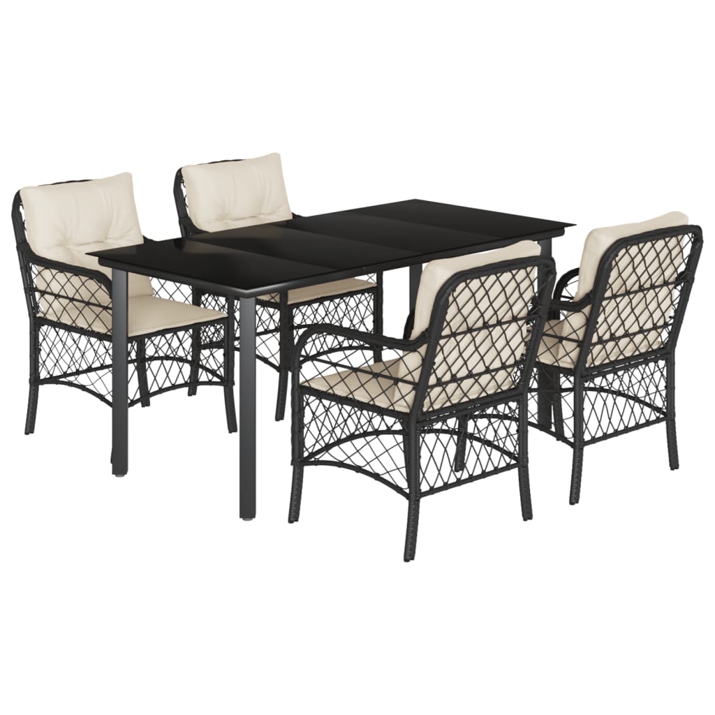 5-tlg. Garten-Essgruppe mit Kissen Schwarz Poly Rattan