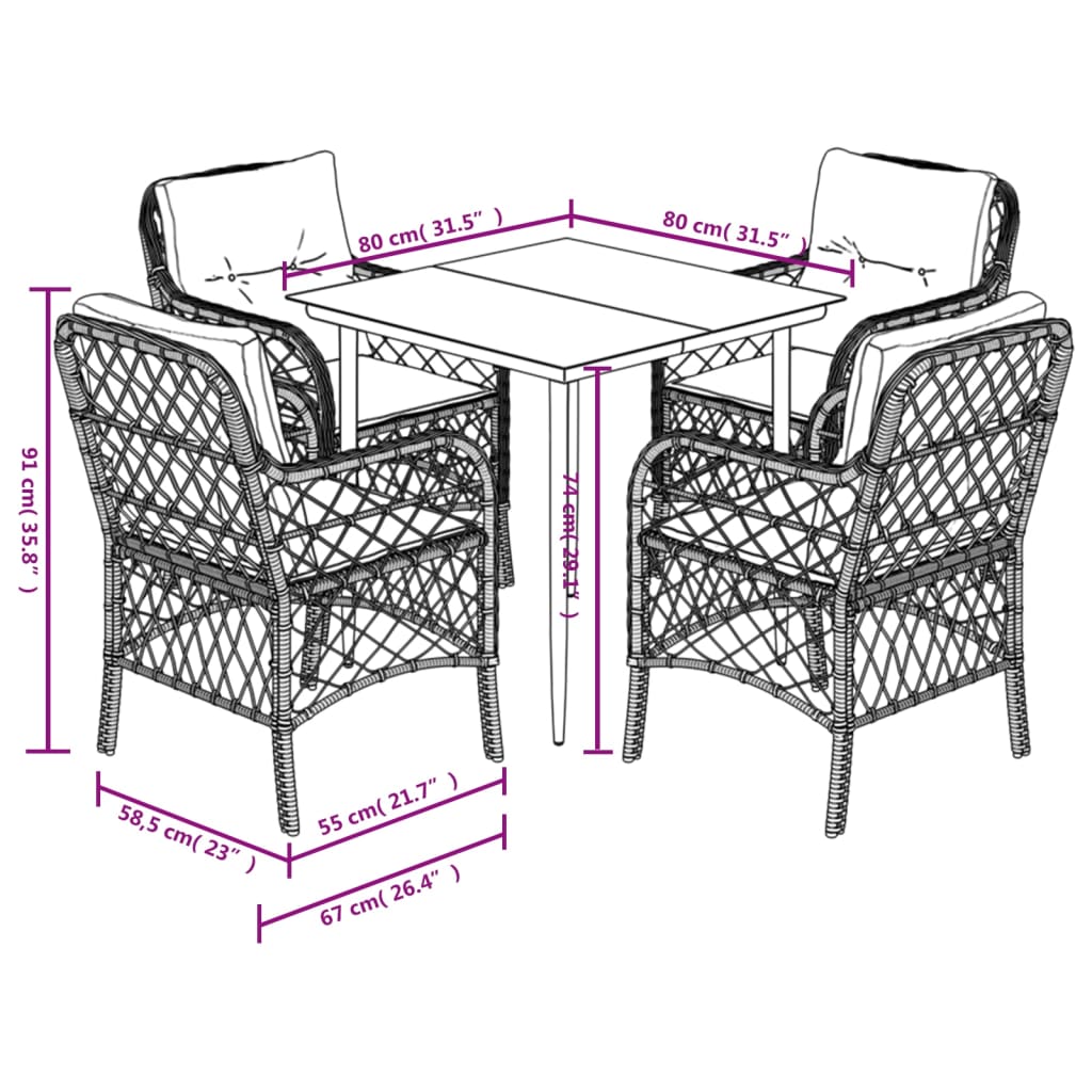 5-tlg. Garten-Essgruppe mit Kissen Schwarz Poly Rattan