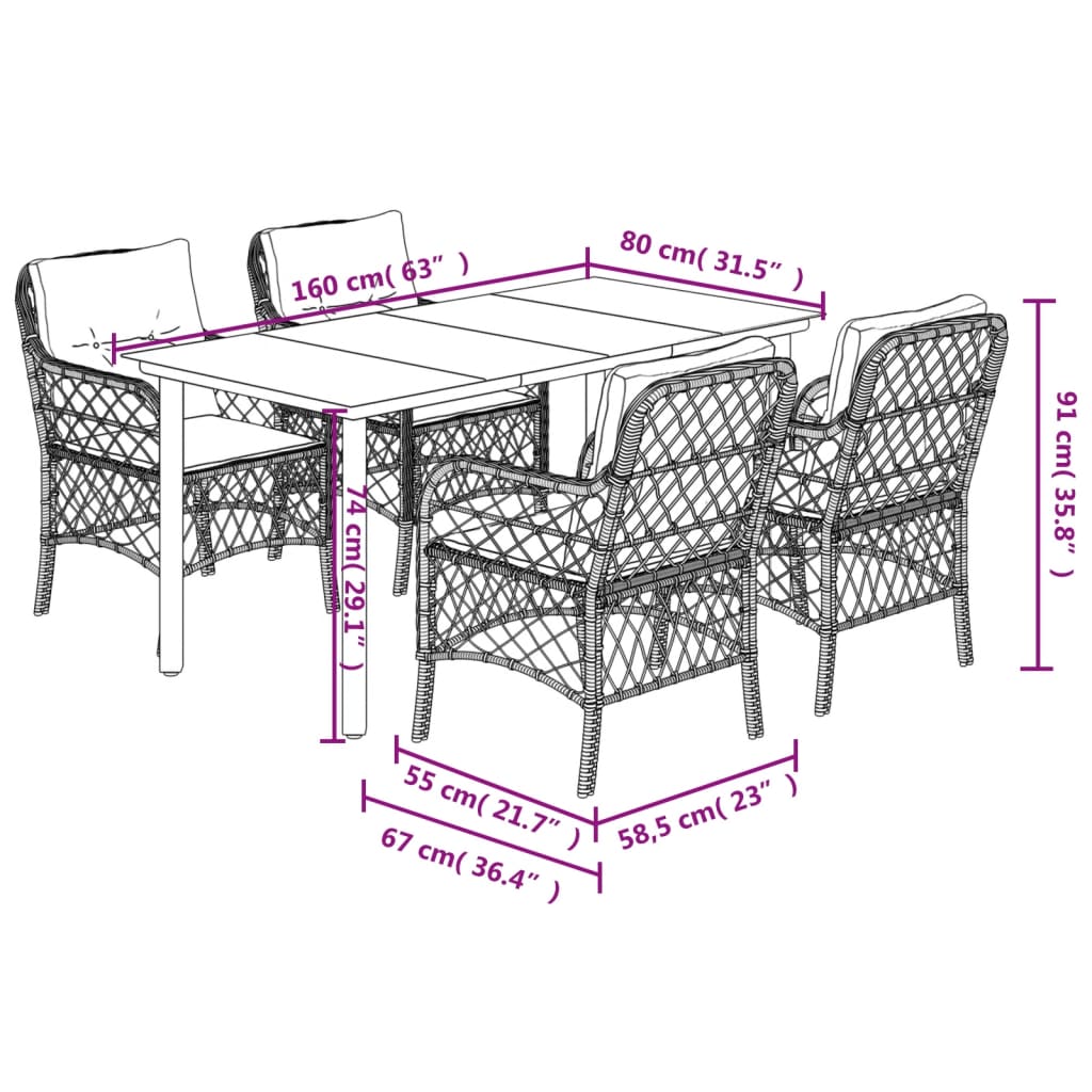 5-tlg. Garten-Essgruppe mit Kissen Braun Poly Rattan
