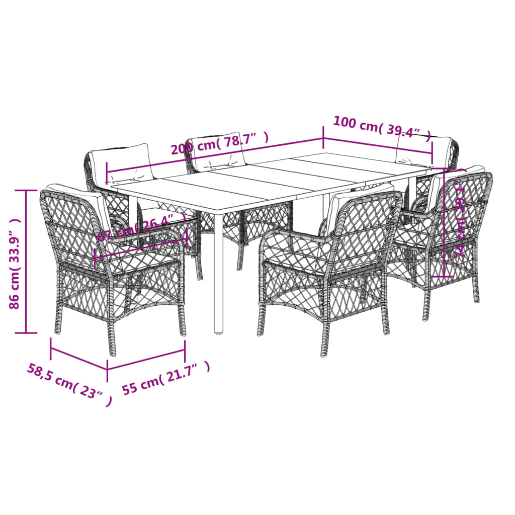 7-tlg. Garten-Essgruppe mit Kissen Braun Poly Rattan