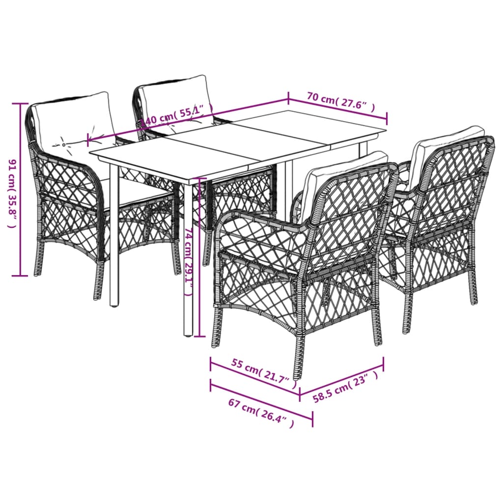 5-tlg. Garten-Essgruppe mit Kissen Grau Poly Rattan