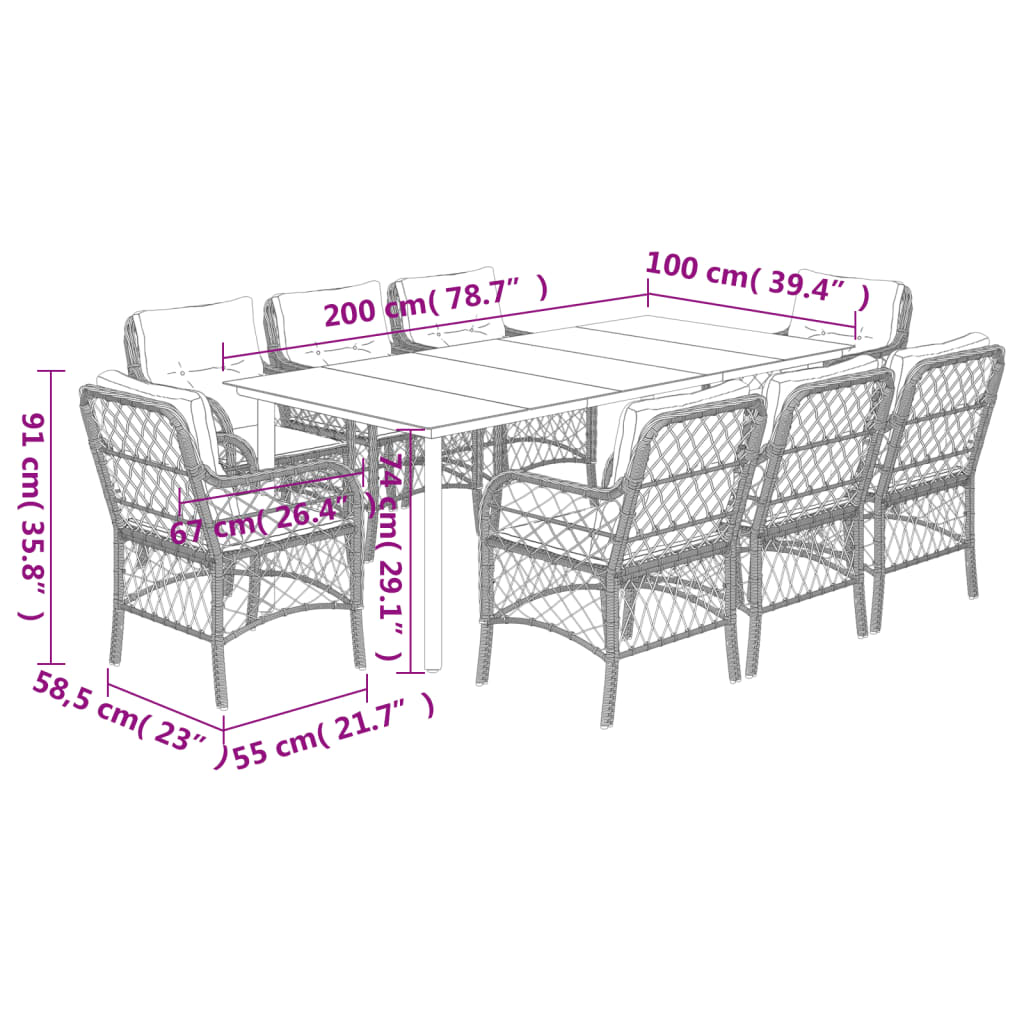 9-tlg. Garten-Essgruppe mit Kissen Grau Poly Rattan