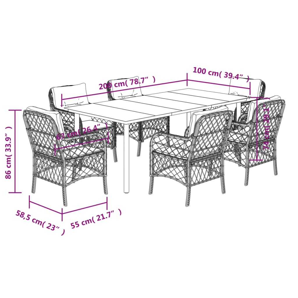 7-tlg. Garten-Essgruppe mit Kissen Beige Poly Rattan