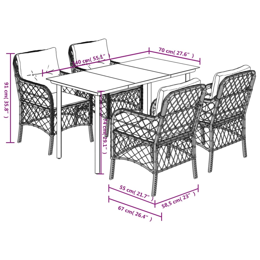 5-tlg. Garten-Essgruppe mit Kissen Hellgrau Poly Rattan