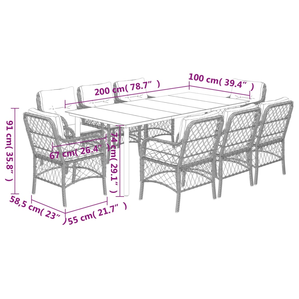 9-tlg. Garten-Essgruppe mit Kissen Hellgrau Poly Rattan