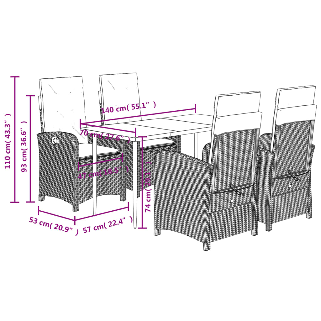 5-tlg. Garten-Essgruppe mit Kissen Braun Poly Rattan
