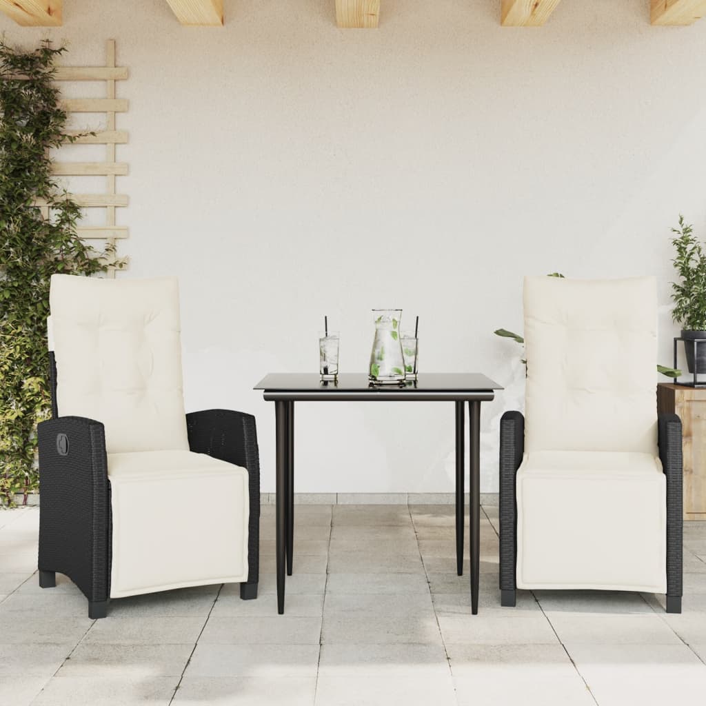 3-tlg. Garten-Essgruppe mit Kissen Schwarz Poly Rattan